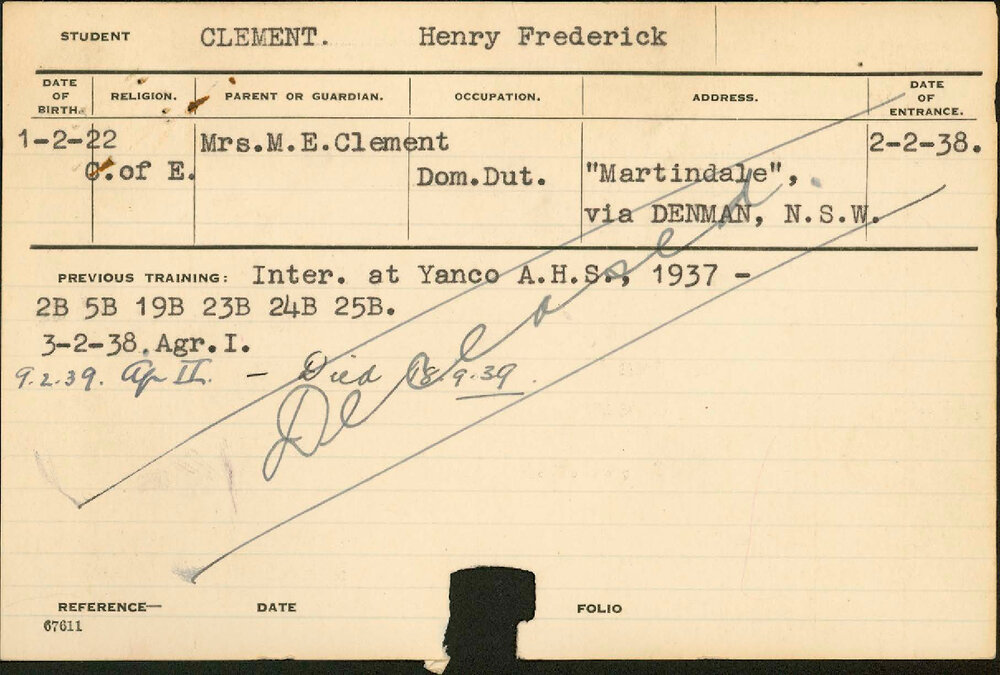 CLEMENT, Henry Frederick (Hawkesbury Diploma of Agriculture (HDA))