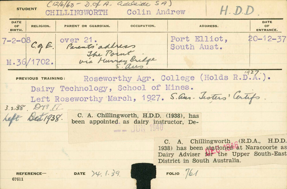 CHILLINGWORTH, Colin Andrew (Hawkesbury Diploma in Dairy (HDD))