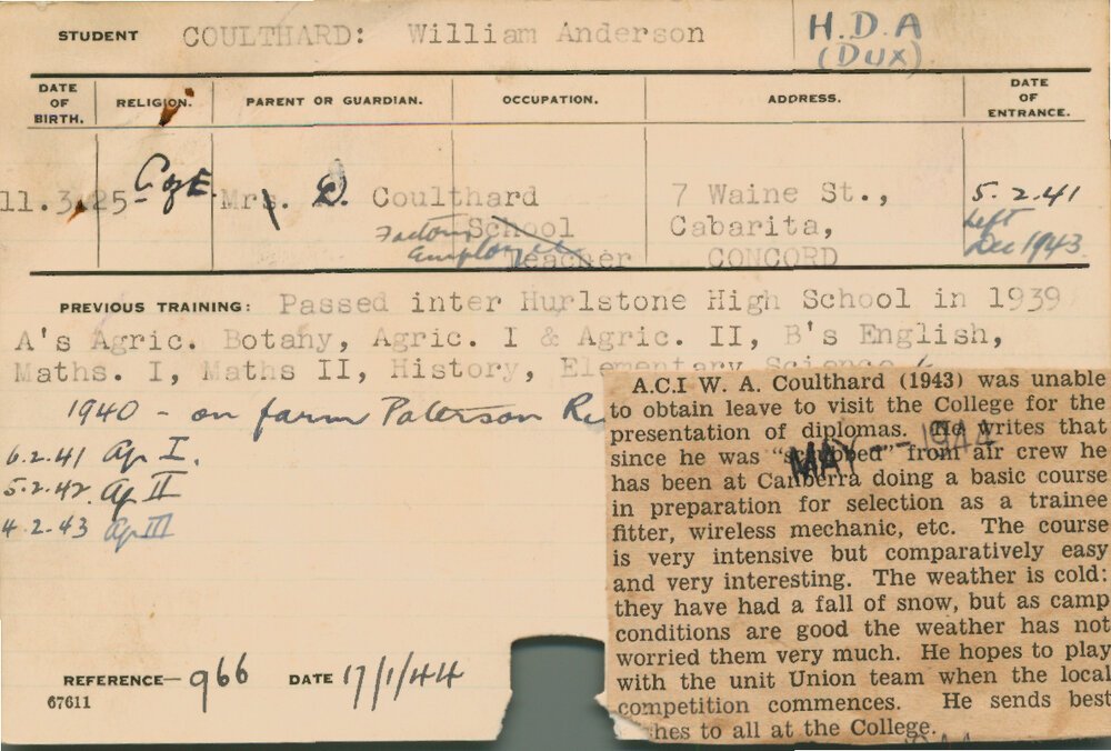 COULTHARD, William Anderson (Hawkesbury Diploma of Agriculture (HDA))