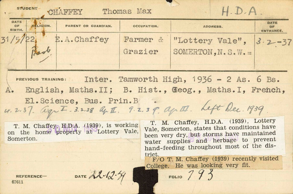 CHAFFEY, Thomas Max (Hawkesbury Diploma of Agriculture (HDA) (Honours Class II))