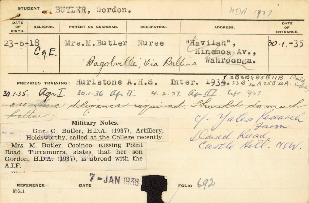 BUTLER, Gordon (Hawkesbury Diploma of Agriculture (HDA))