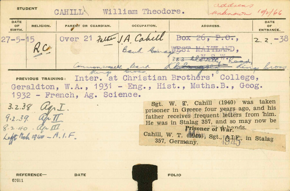 CAHILL, William Theodore (Hawkesbury Diploma of Agriculture (HDA))