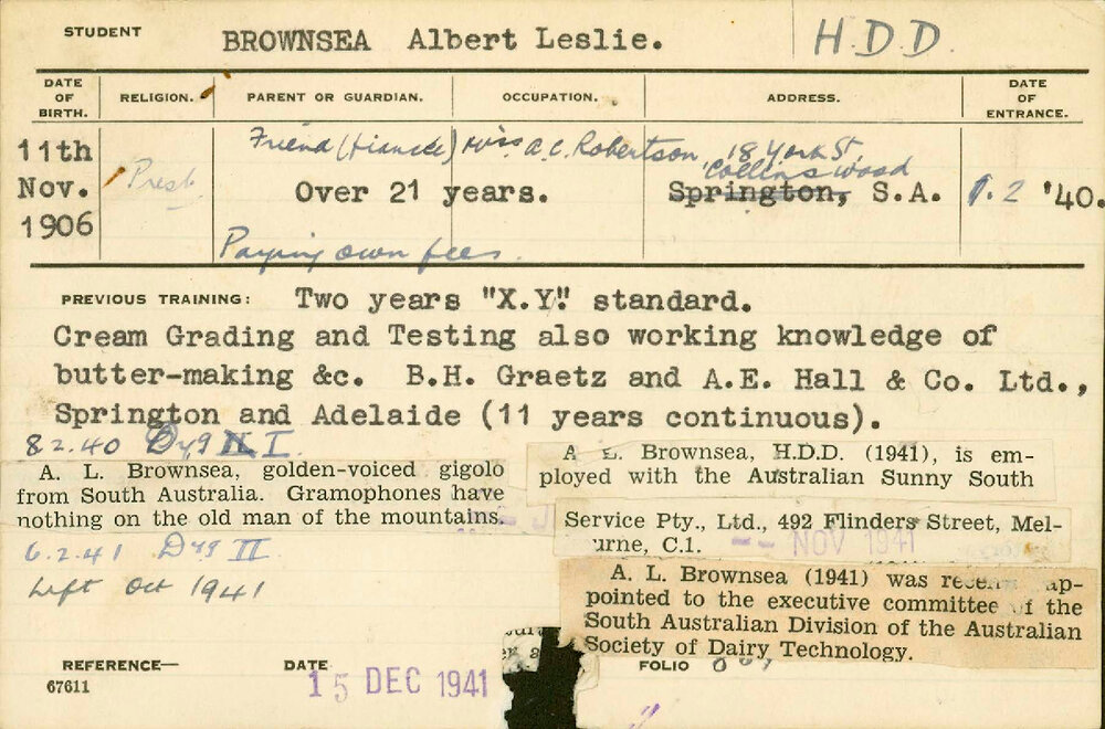 BROWNSEA, Albert Leslie (Hawkesbury Diploma in Dairy (HDD))