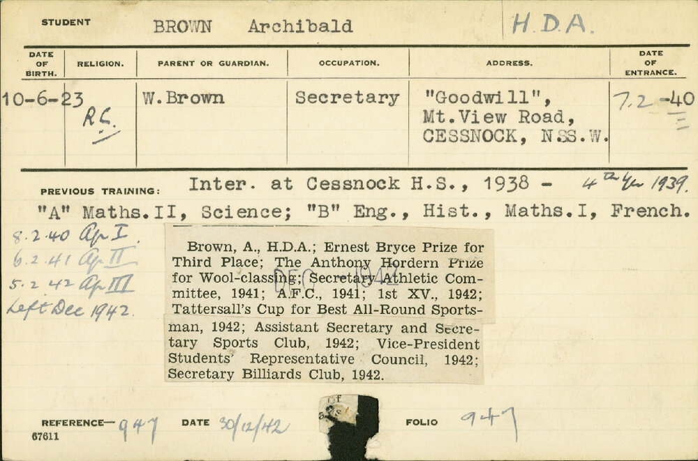 BROWN, Archibald (Hawkesbury Diploma of Agriculture (HDA))