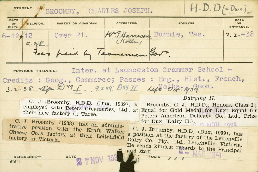 BROOMBY, Charles Joseph (Hawkesbury Diploma in Dairy Technology (HDDT) (Dux))