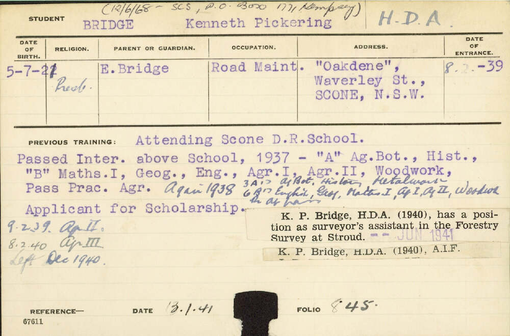 BRIDGE, Kenneth Pickering (Hawkesbury Diploma of Agriculture (HDA))