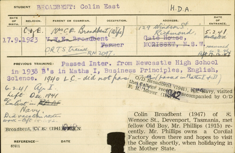 BROADBENT, Colin East (Hawkesbury Diploma of Agriculture (HDA) (Honours Class 2))