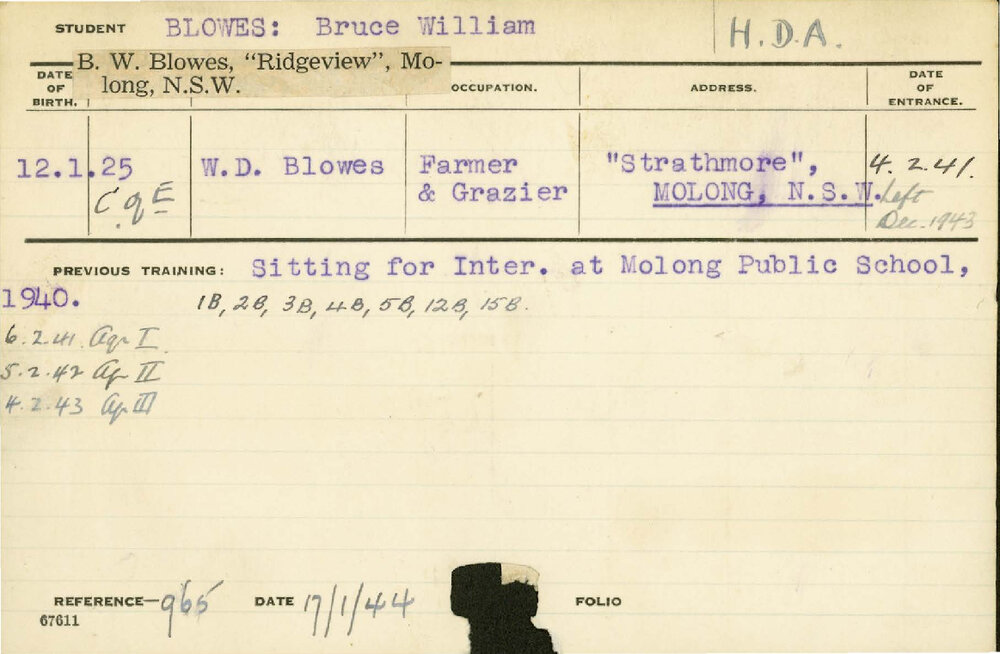 BLOWES, Bruce William (Hawkesbury Diploma of Agriculture (HDA))