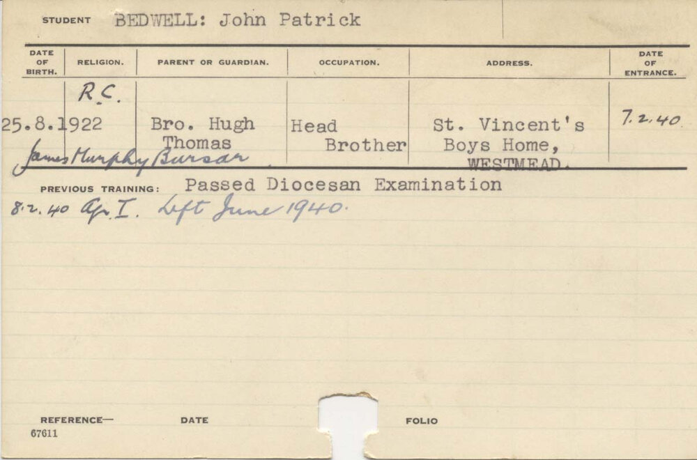 BEDWELL, John Patrick (Hawkesbury Diploma of Agriculture (HDA) (First Year Certificate))