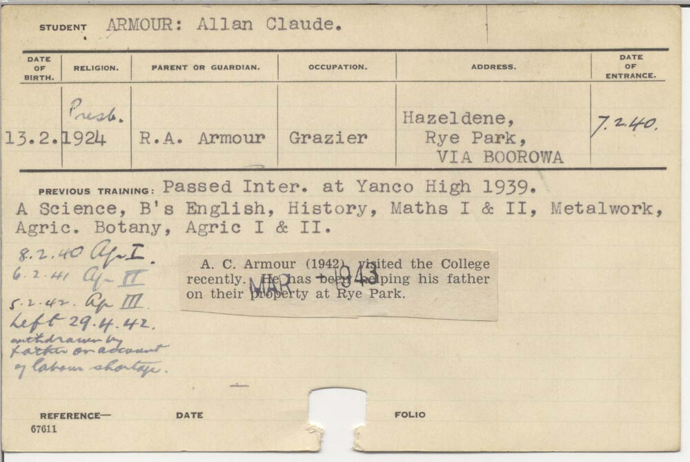 ARMOUR, Allan Claude (Hawkesbury Diploma of Agriculture (HDA))
