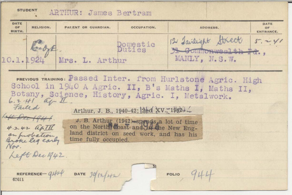 ARTHUR, James Bertram (Hawkesbury Diploma of Agriculture (HDA))