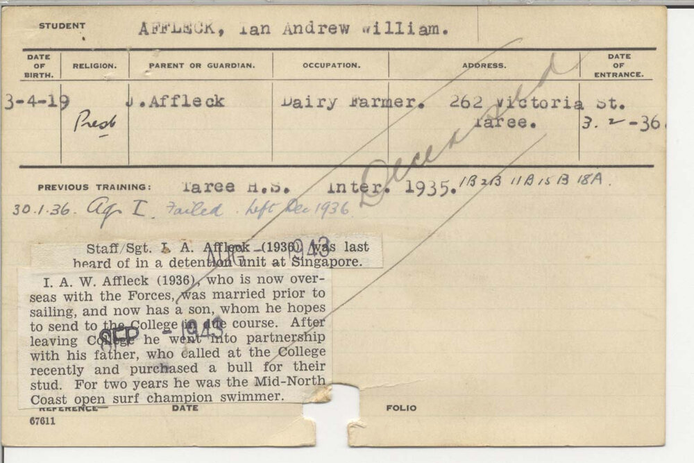 AFFLECK, Ian Andrew William (Hawkesbury Diploma of Agriculture (HDA))