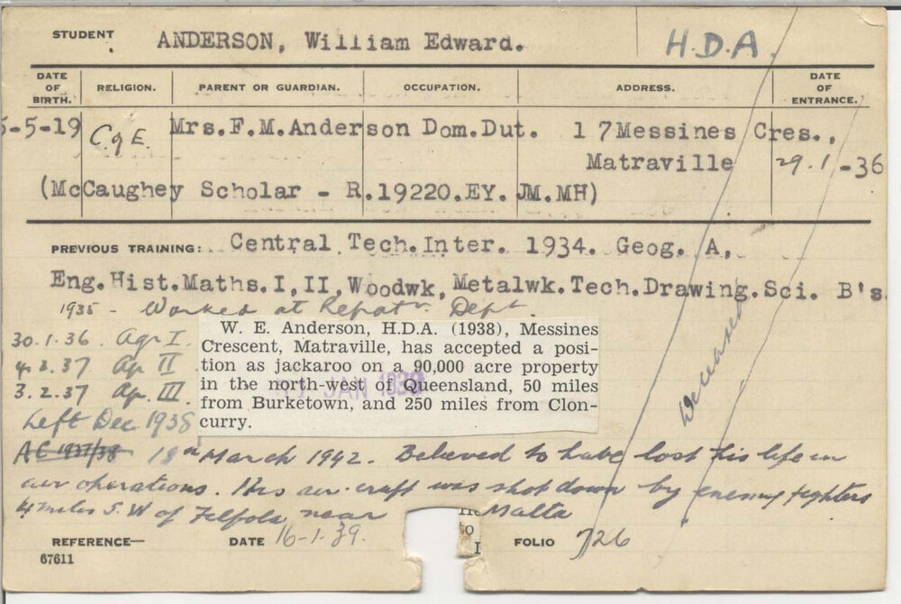 ANDERSON, William Edward (Hawkesbury Diploma of Agriculture (HDA))