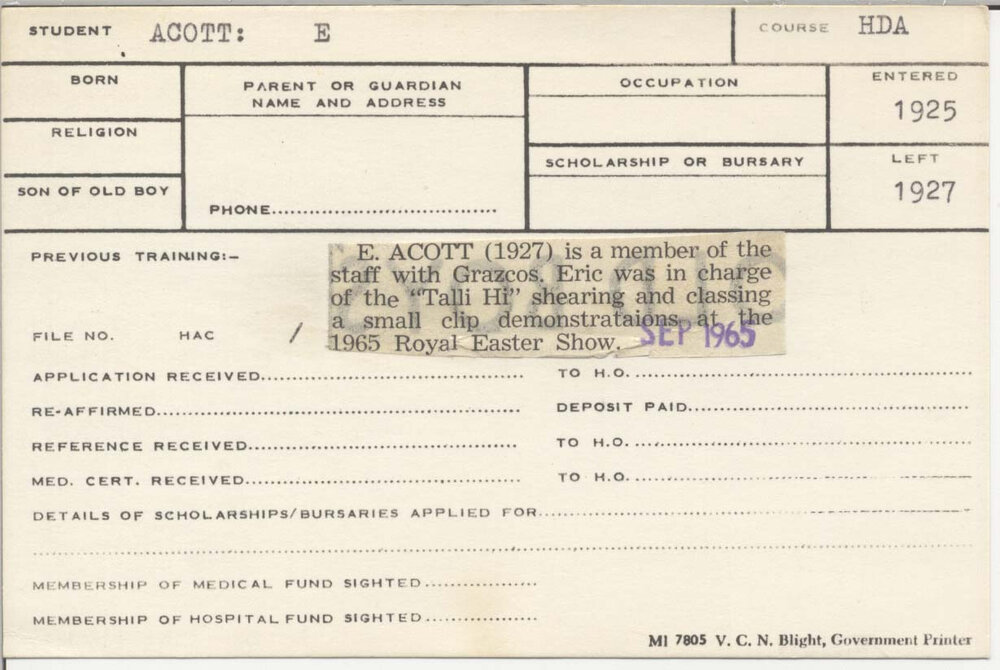ACOTT, Eric (Hawkesbury Diploma of Agriculture (HDA))