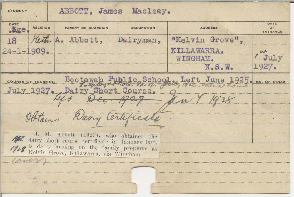 ABBOTT, James Macleay (Certificate - Dairy)
