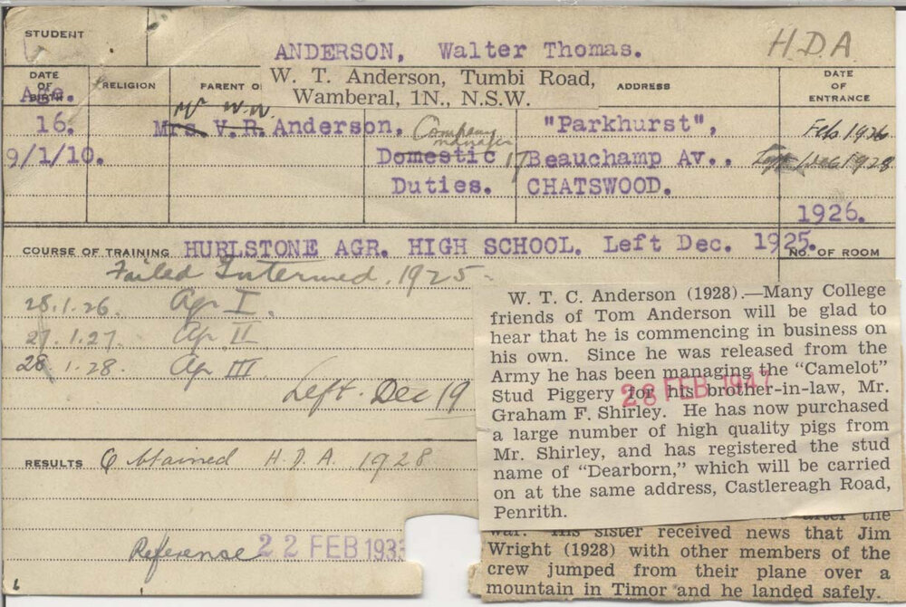 ANDERSON, Walter Thomas (Hawkesbury Diploma of Agriculture (HDA))