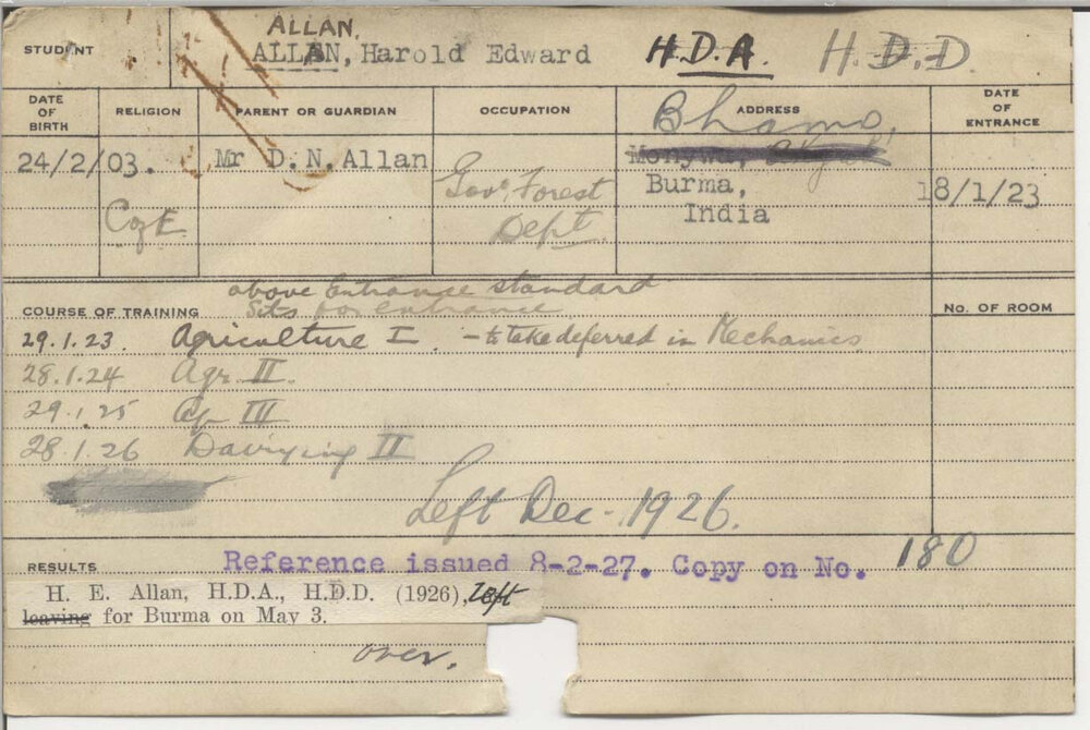 ALLAN, Harold Edward (Hawkesbury Diploma of Agriculture (HDA) &amp; Hawkesbury Diploma in Dairying (HDD))