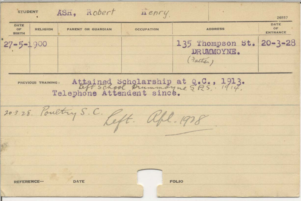 ASH, Robert Henry (Special Course - Poultry)