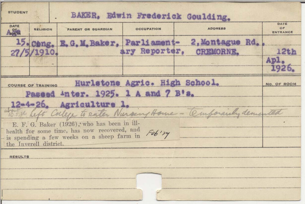 BAKER, Edwin Frederick Goulding (Course Not Identified)