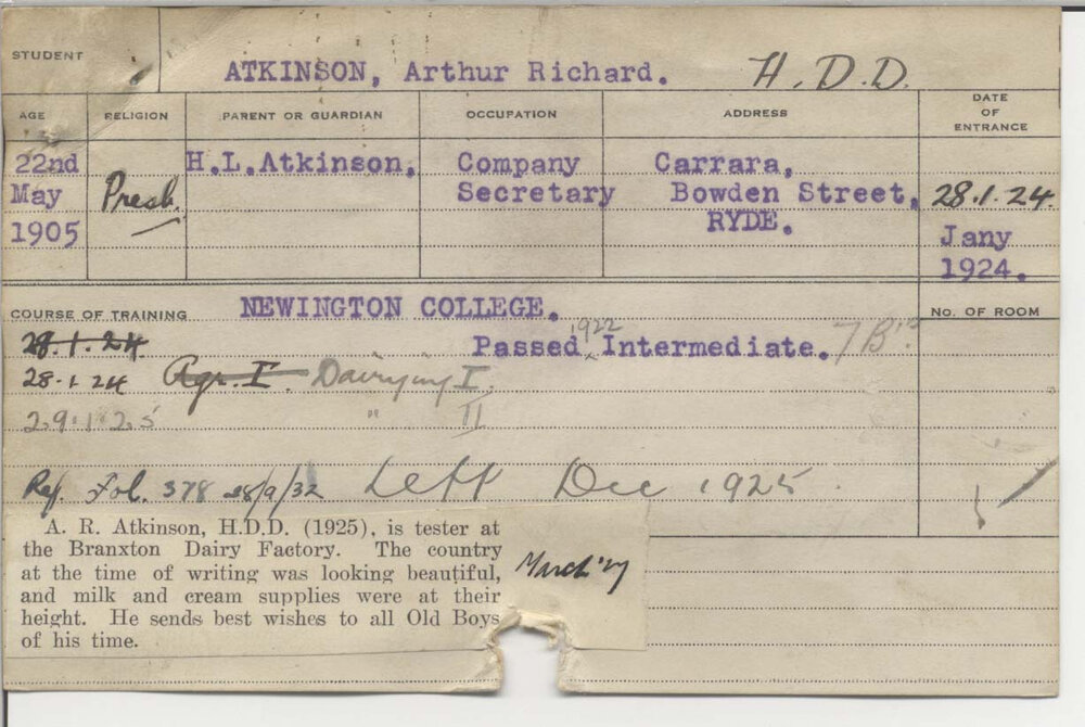 ATKINSON, Arthur Richard (Hawkesbury Diploma in Dairying (HDD))