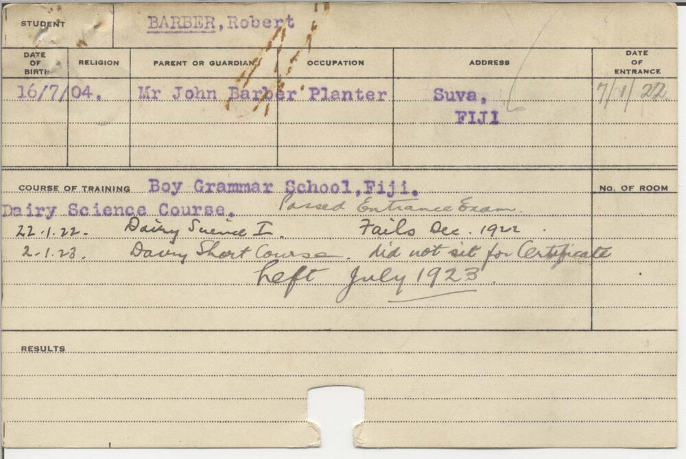 BARBER, Robert (Dairy Science Course &amp; Short Course - Dairying)