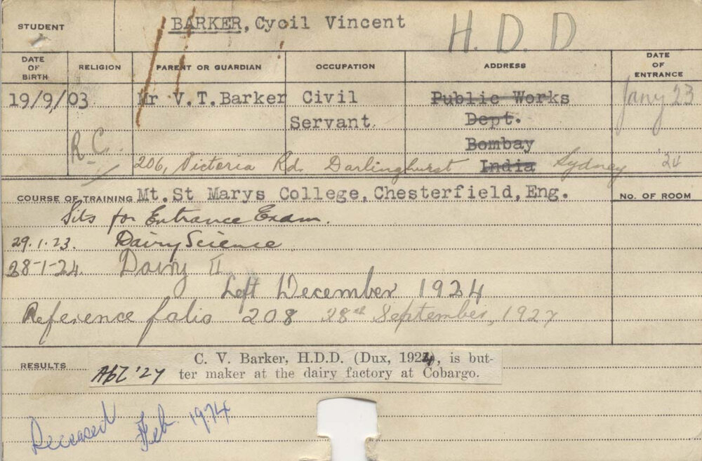 BARKER, Cyril Vincent (Bill) (Hawkesbury Diploma in Dairying (HDD) (Dux))