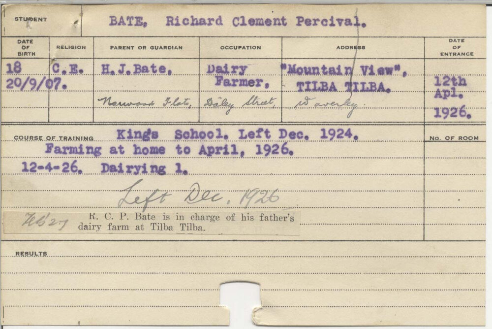 BATE, Richard Clement Percival (Certificate - Dairying 1)