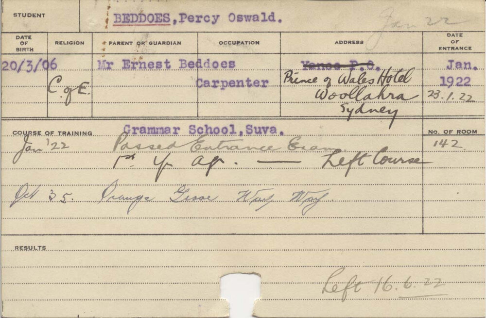 BEDDOES, Percy Oswald (Phillip) (Hawkesbury Diploma of Agriculture (HDA) (First Year Certificate))