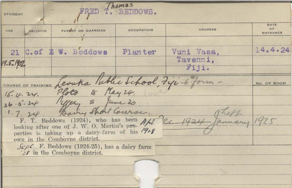BEDDOWS, Fred Thomas (Certificate - Dairy, Short courses - Experimental Plots &amp; Piggery)