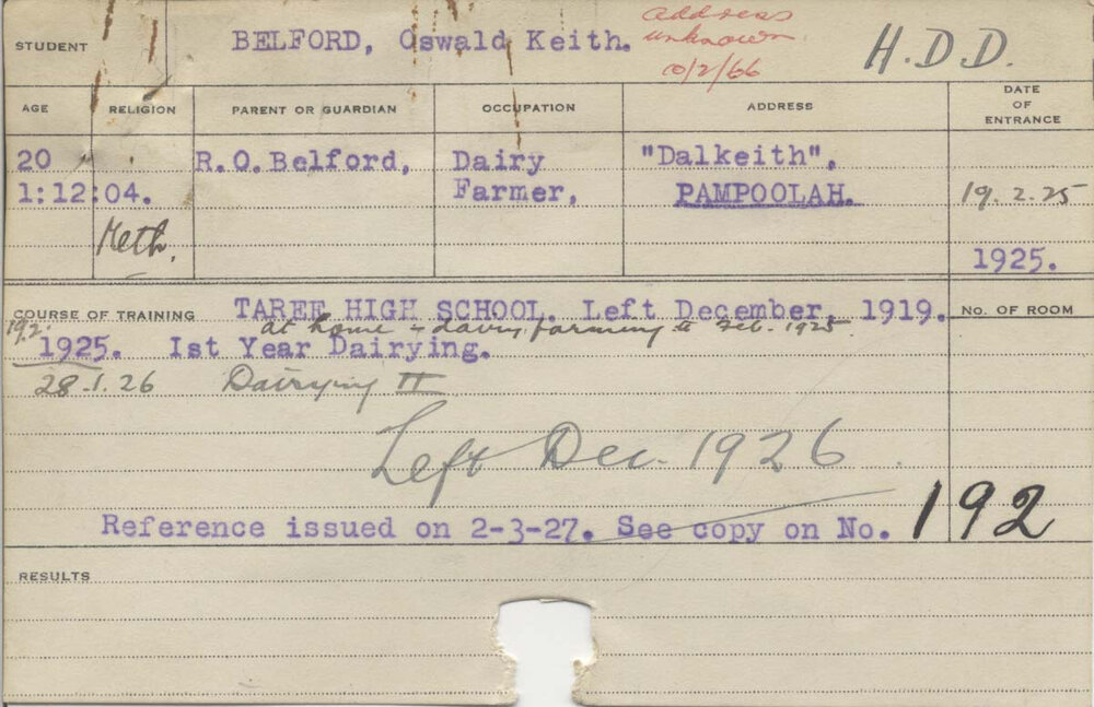 BELFORD, Oswald Keith (Hawkesbury Diploma in Dairy (HDD))