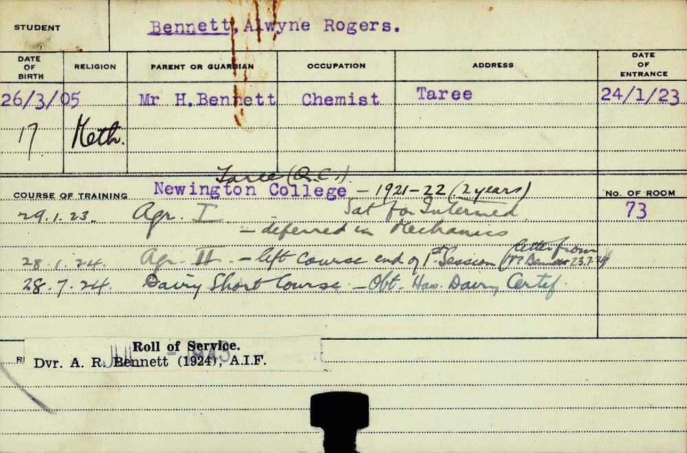 BENNETT, Alwyne Rogers (Certificate - Dairy)