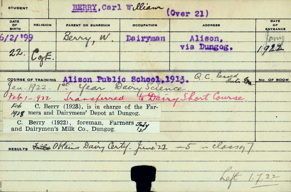 BERRY, Carl William (Certificate - Dairy)
