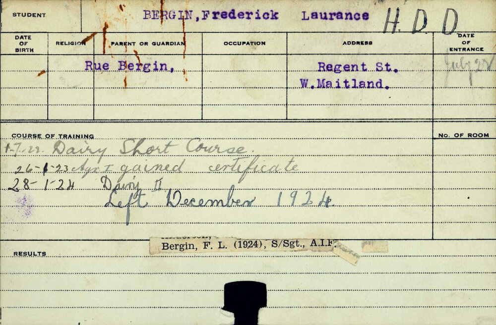 BERGIN, Frederick Laurance (Hawkesbury Diploma in Dairy Technology (HDDT) (Dux) &amp; Certificate - Agriculture)