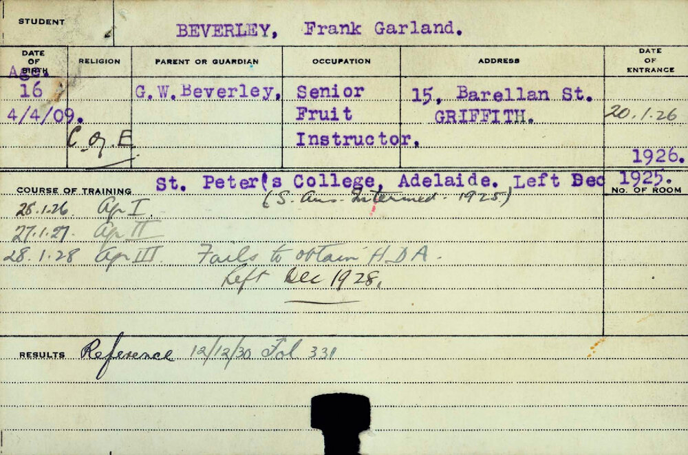 BEVERLEY, Frank Garland (Hawkesbury Diploma of Agriculture (HDA))