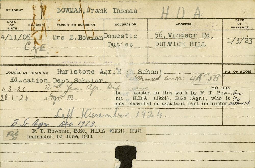 BOWMAN, Frank Thomas (Hawkesbury Diploma of Agriculture (HDA))