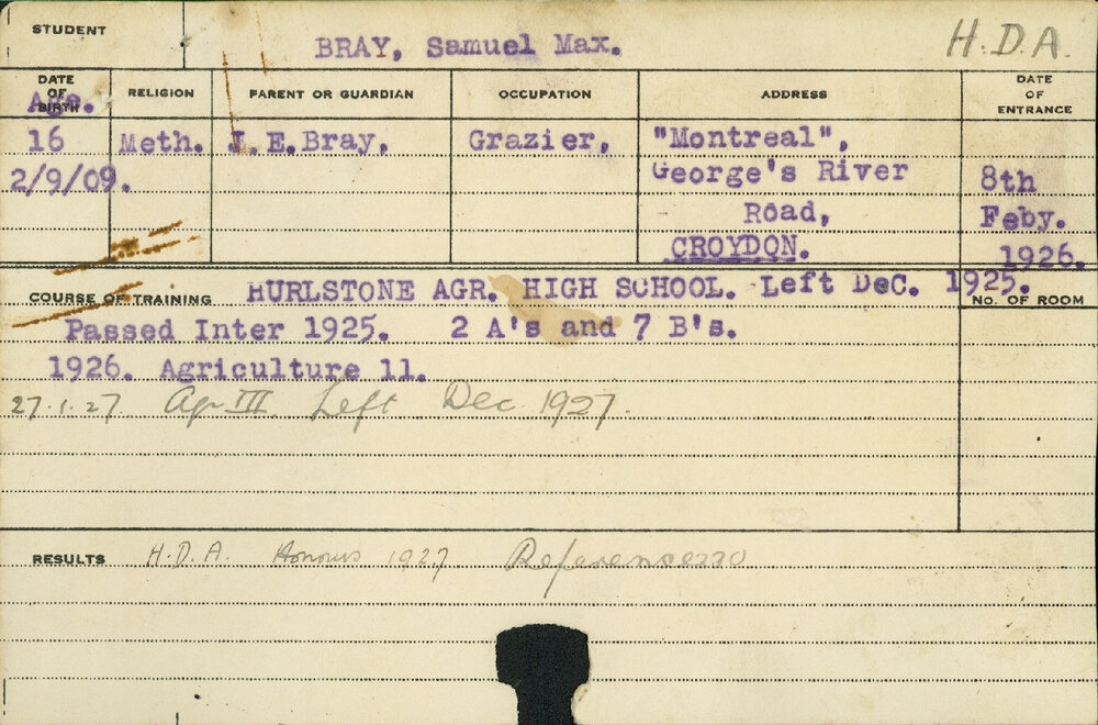 BRAY, Samuel Max (Hawkesbury Diploma of Agriculture (HDA))