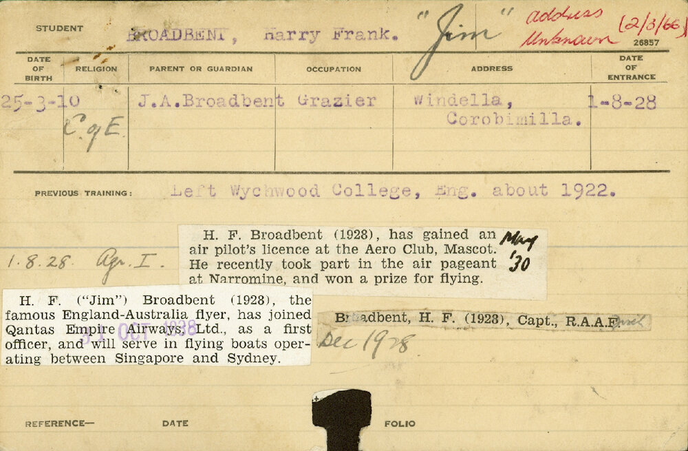 BROADBENT, Harry (Jim) Frank (Hawkesbury Diploma of Agriculture (HDA) (First year certificate only))