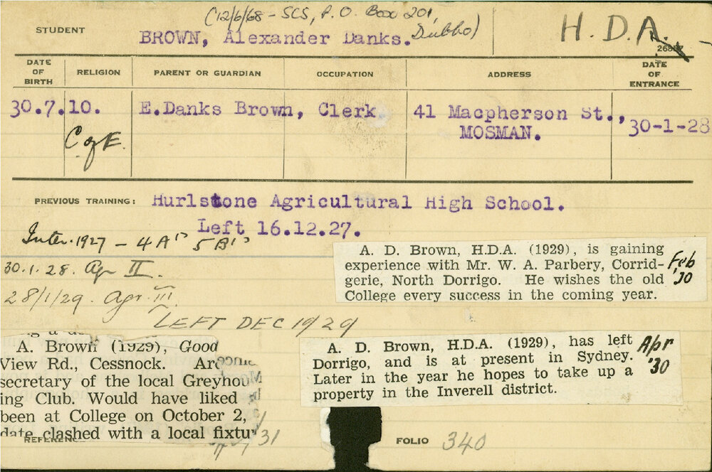BROWN, Alexander Danks (Hawkesbury Diploma of Agriculture (HDA))