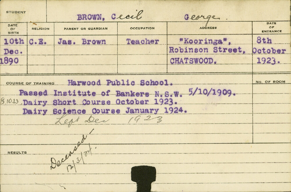 BROWN, Cecil George (Short course - Dairy)