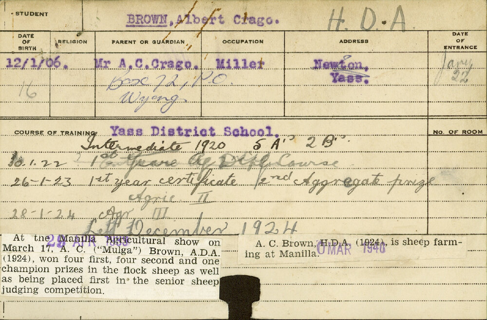 BROWN, Albert Crago (Hawkesbury Diploma of Agriculture (HDA) (Honours))