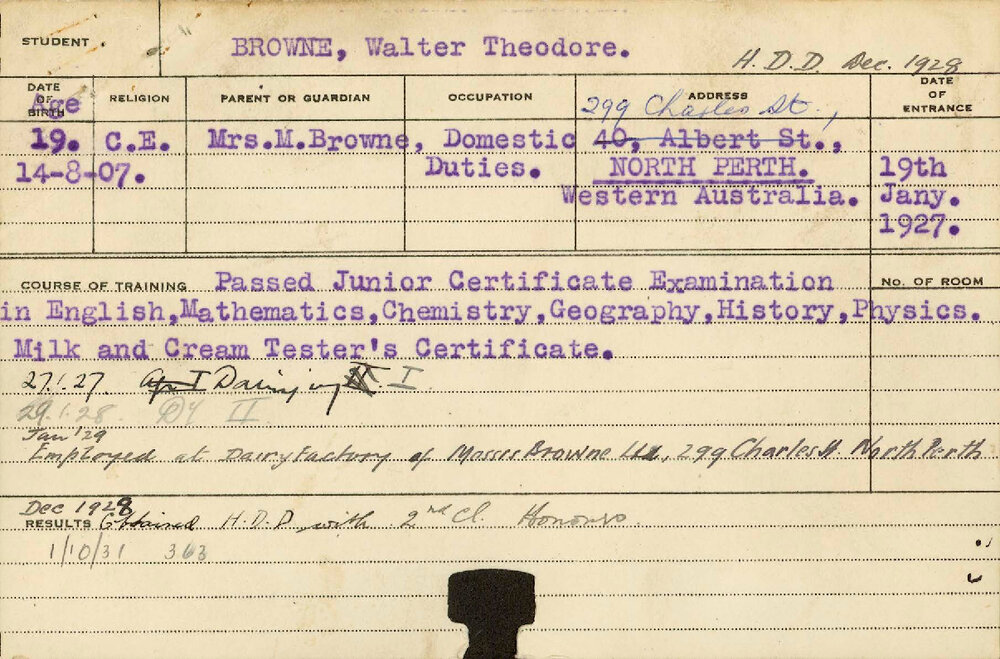BROWNE, Walter Theodore (Hawkesbury Diploma in Dairy (HDD) (Honours Class II))