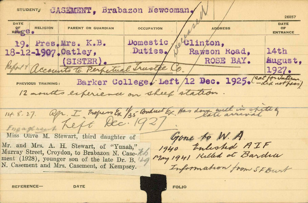 CASEMENT, Brabazon Newcoman (Hawkesbury Diploma of Agriculture (HDA))