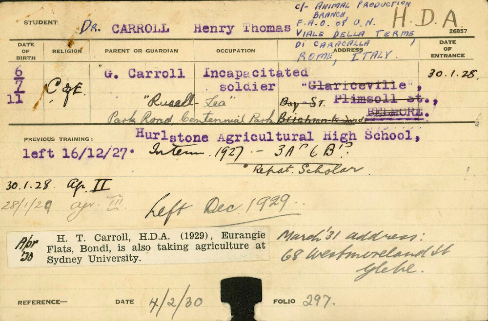 CARROLL, Henry Thomas (Hawkesbury Diploma of Agriculture (HDA))