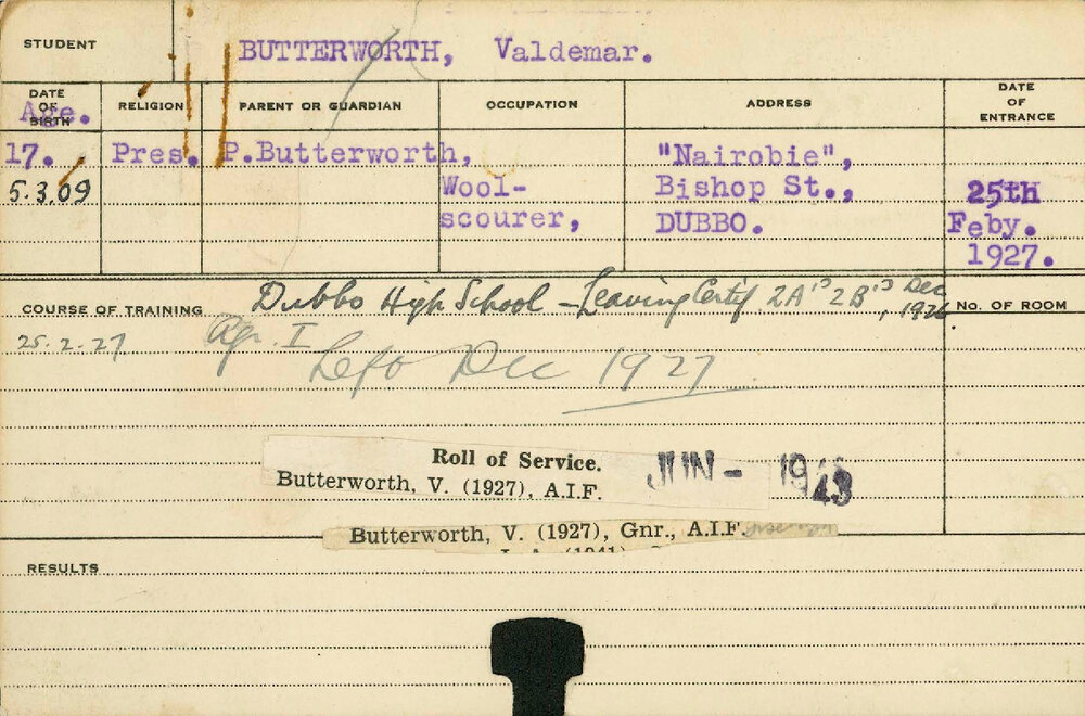 BUTTERWORTH, Valdemar (Hawkesbury Diploma of Agriculture (HDA) - First Years Certificate)