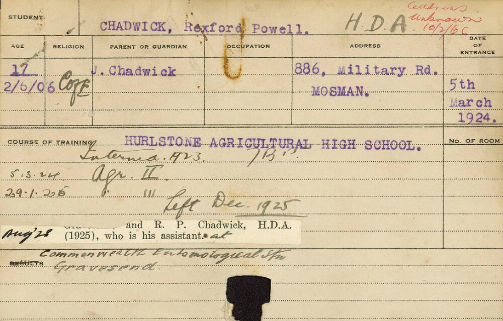 CHADWICK, Rexford Powell (Hawkesbury Diploma of Agriculture (HDA))