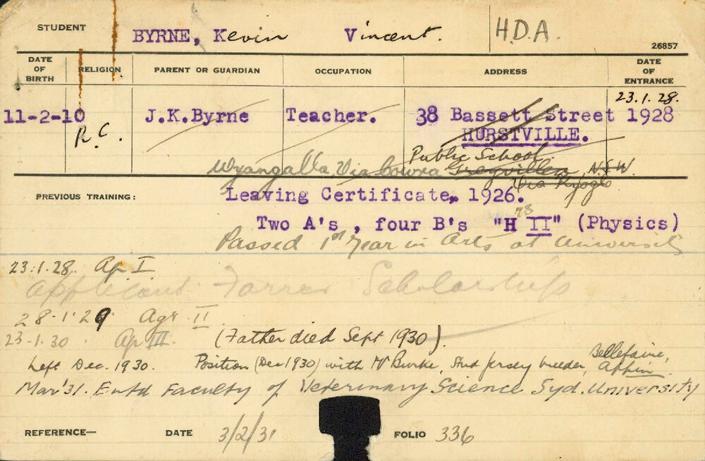 BYRNE, Kevin Vincent (Hawkesbury Diploma of Agriculture (HDA) (Dux &amp; Honours Class I))