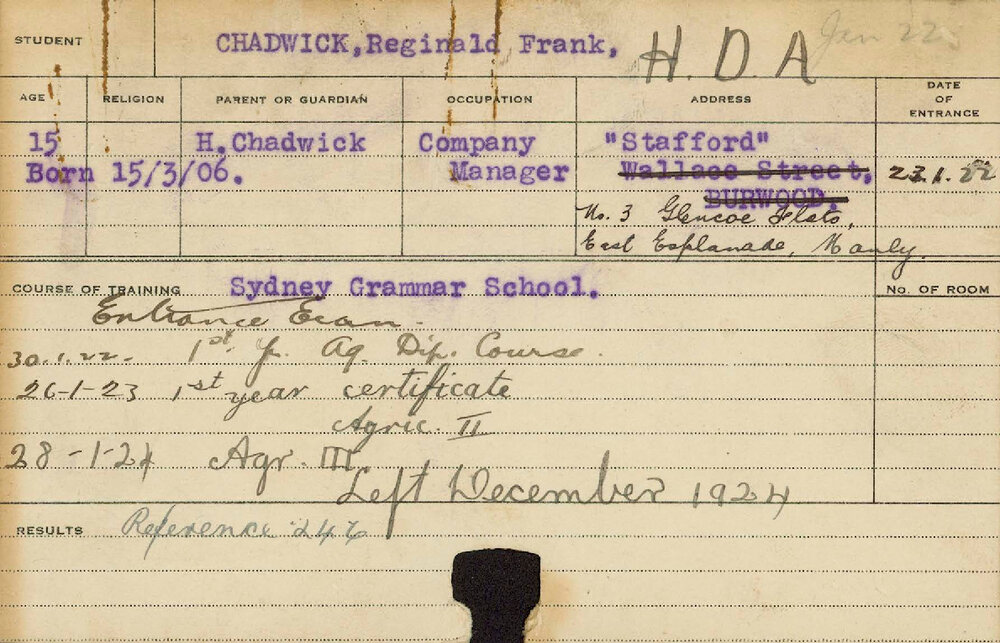 CHADWICK, Reginald Frank (Hawkesbury Diploma of Agriculture (HDA))