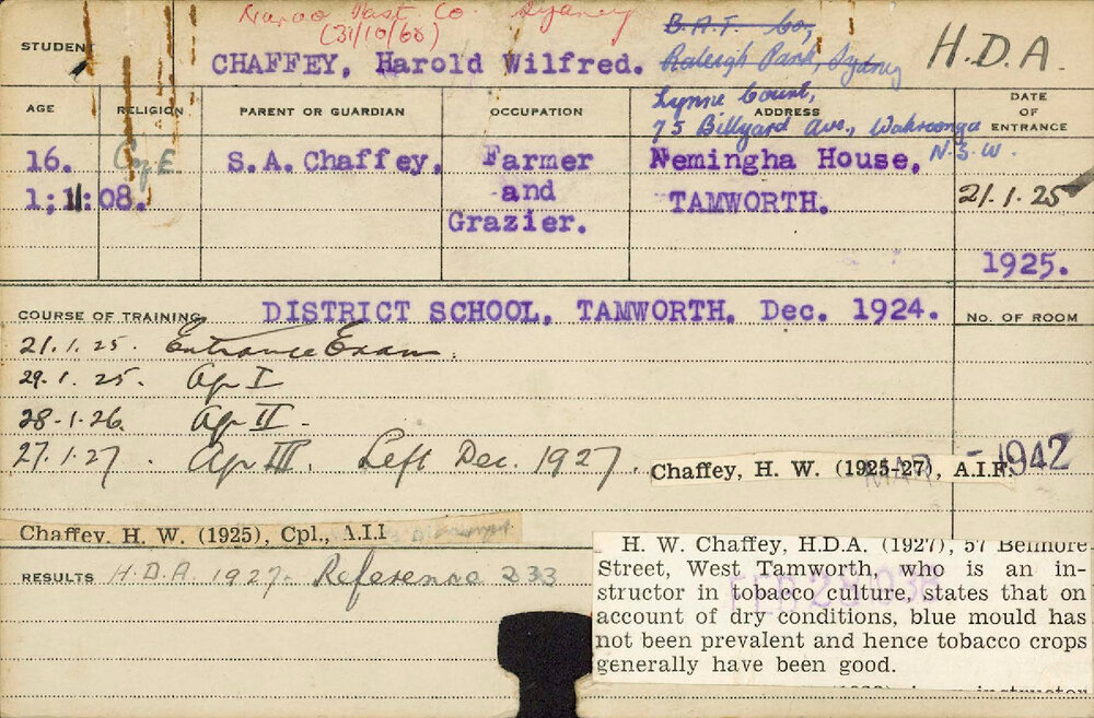 CHAFFEY, Harold Wilfred (Hawkesbury Diploma of Agriculture (HDA))