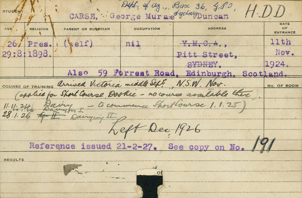 CARSE, George Murae Duncan (Hawkesbury Diploma in Dairy (HDD) (Honours Class I))