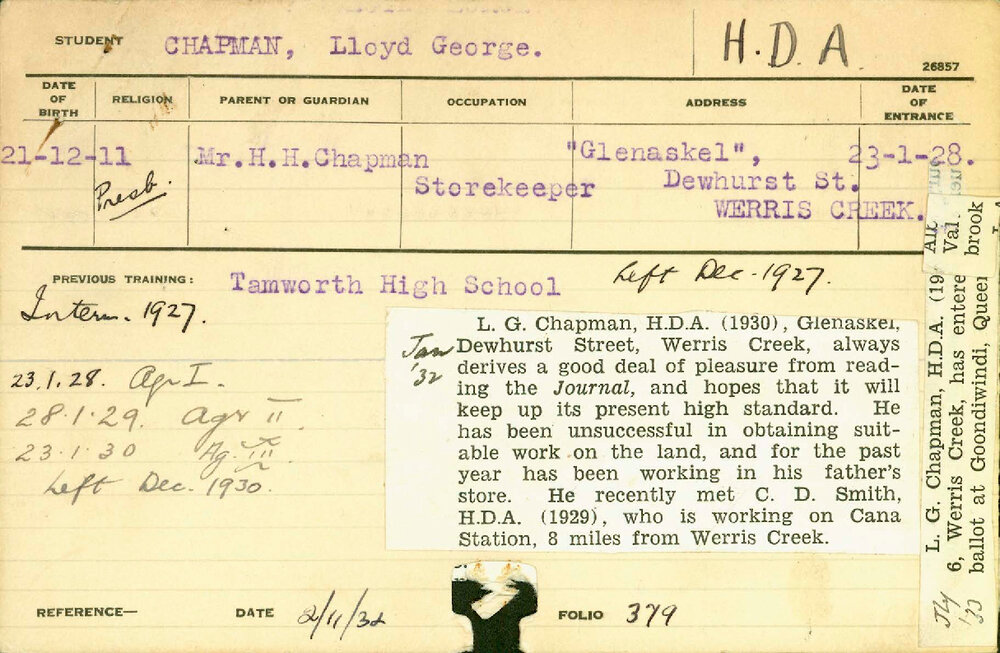 CHAPMAN, Lloyd George (Hawkesbury Diploma of Agriculture (HDA) (Honours Class II))